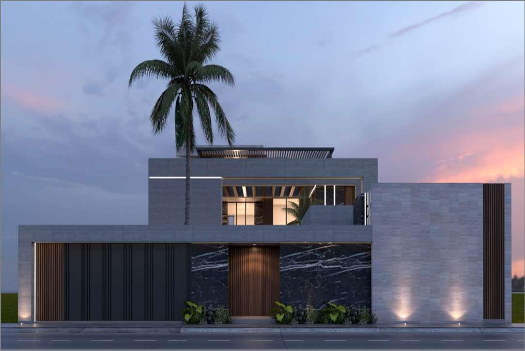 Modern villa facade at dusk